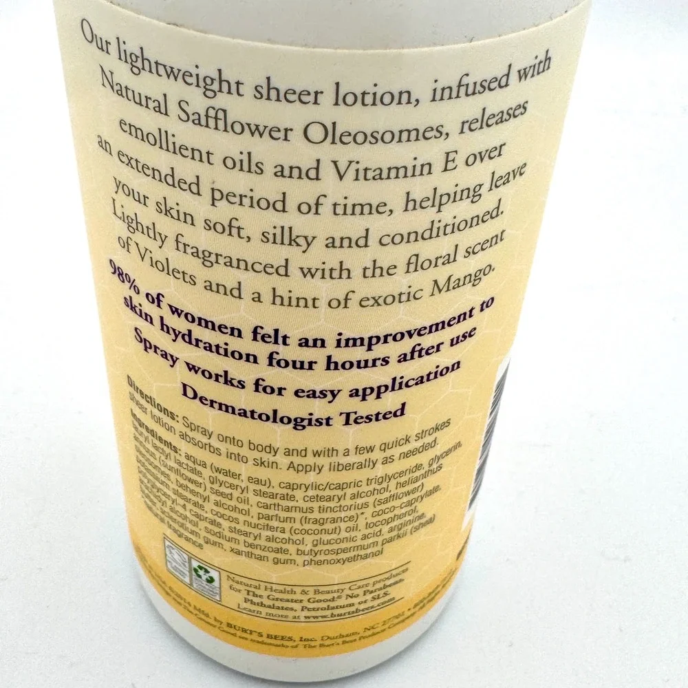 Burts Bees Sheer Body Lotion Violet and Mango Natural Spray 8 fl‎ oz 236 ml